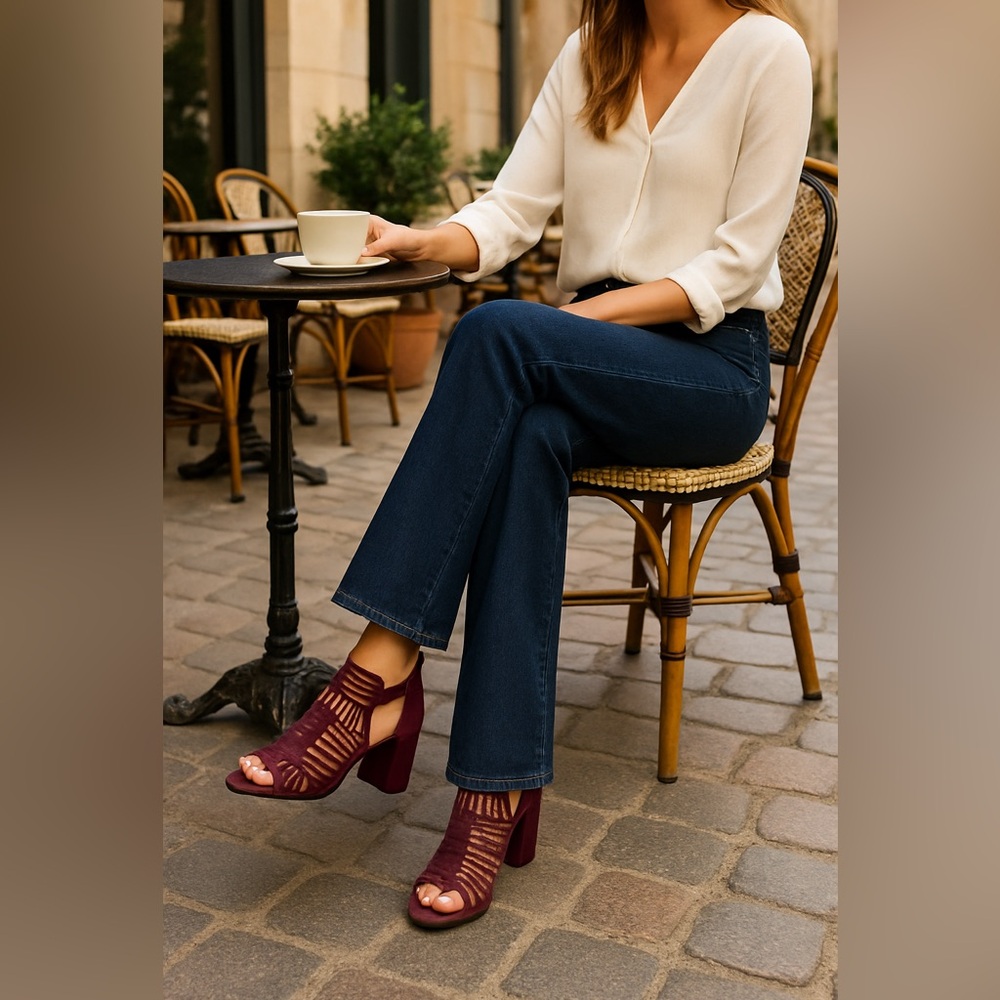 Franco Sarto L-Margie Burgundy Suede Block Heel Peep Toe Sandals 8M